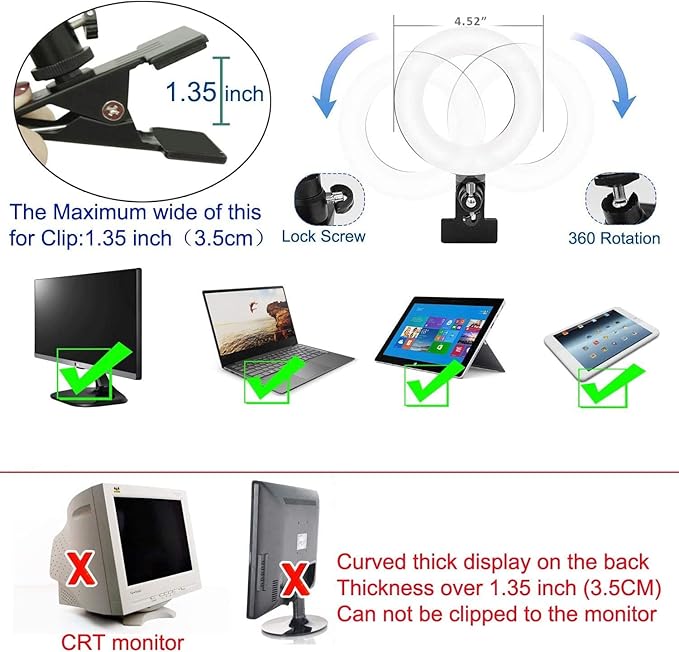 Selfila Ring Light 5 Inch USB Portable, 3200K-6500K Dimmable LED Clip on for Laptop Computer Monitor Phone, Content Creator Makeup Conference Selfie Video (White)