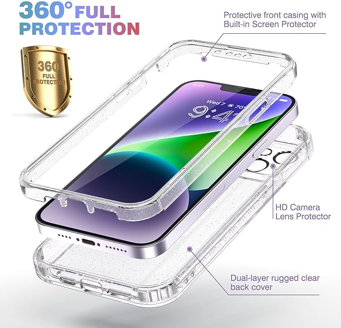 Diaclara Designed for iPhone 14 Case, Full Body Rugged Case with Built-in Touch Sensitive Anti-Scratch Screen Protector, with Camera Lens Protector for iPhone 14 6.1" (Clear Glitter)