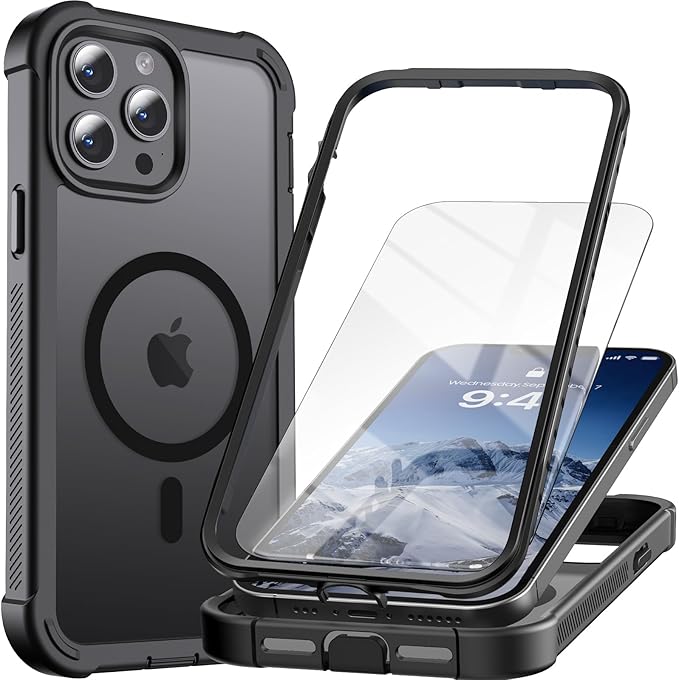 Magnetic for iPhone 13 Pro Max Case,[Screen Protector] [Compatible with MagSafe][Military Grade Drop Protection][Heavy Duty Protection][Shockproof] 2-Layer Durable Bumper Phone Case 6.7"-Black