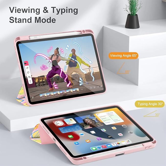 May Chen for iPad Pro 13 Inch Case M5 2025 / M4 2024, Built Pencil Holder & Clear Transparent Print Back Shell Slim Stand Shockproof Tablet Cover, Auto Wake/Sleep, Smile Art