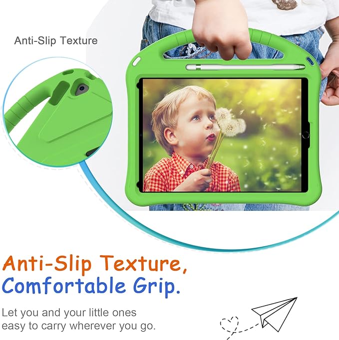 Kids Case for iPad 10.2/10.5, iPad 7th 8th 9th Gen/iPad Air 3rd Gen/Pro 10.5 Case, Techcircle Lightweight Shockproof EVA Foam Rugged Handle Stand Anti-Slip Grip Protective Case w/Pencil Holder, Green