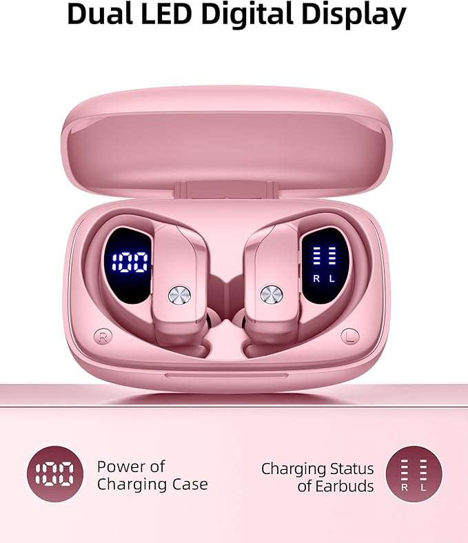 bmanl Wireless Earbuds Bluetooth Headphones Over Ear Hooks Ear Buds with 80H Playtime, LED Power Display, Dual Mic Clear Calls, Sports Wireless Ear Buds Bluetooth Earbuds for Running Gym Workout Pink
