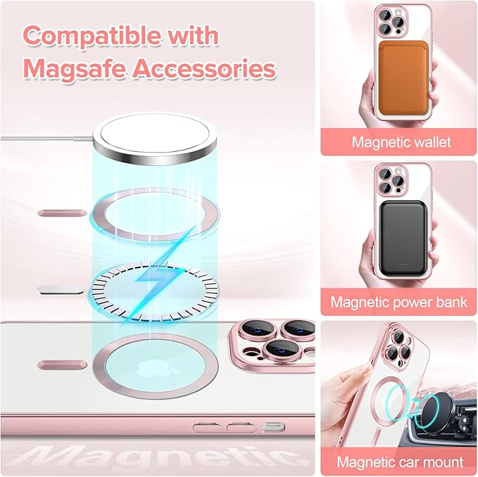 Hython Magnetic Clear for iPhone 14 Pro Max Case with Camera Lens Protector [Compatible with MagSafe] Plating Edge Slim Soft TPU Cover Protective Phone Case for iPhone 14 Pro Max 6.7", Matte Pink
