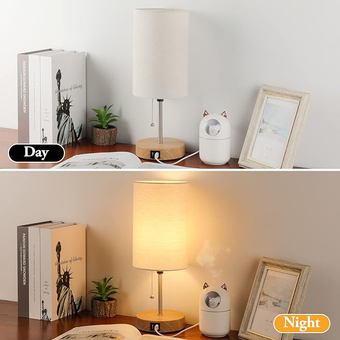 Lakumu Set of 2 Table Lamps with 2 USB Ports, Modern Bedside, Desk Lamps with Pull Chain, Nightstand Lamps with Cream Fabric Shade and Oak Metal Base for Living Room Bedroom Office Reading Dorm Hotel