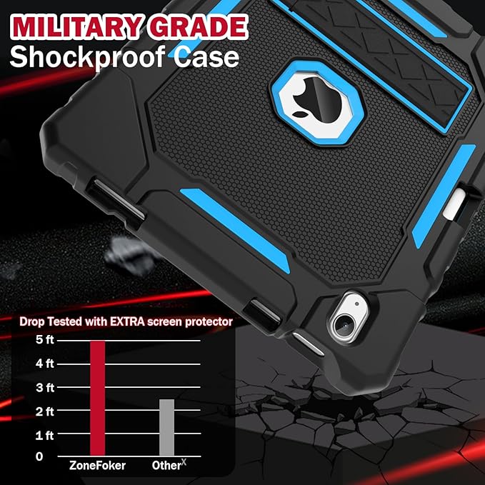 ZoneFoker Case for iPad (A16) 11th/10th Generation 11/10.9 inch 2025/2022, Heavy Duty Military Grade Shockproof Rugged Cover with Pencil Holder/Stand for i Pad 11th / 10 th Gen (Black+SkyBlue)