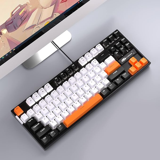 MageGee 75% Mechanical Gaming Keyboard, Yellow Switch, LED White Backlit, 87 Keys Compact TKL Wired Computer Keyboards for Windows Laptop PC Gamer - White/Black