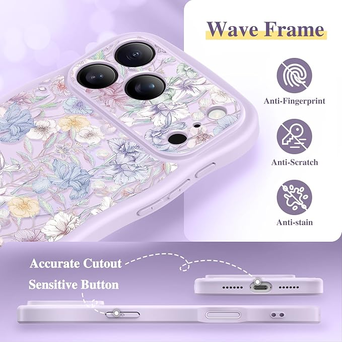 GVIEWIN for iPhone 17 Pro Case Compatible with MagSafe [Curly Wave Edge][Full Camera Protection] Floral Translucent Shockproof Magnetic Women Phone Case for iPhone 17 Pro 6.3'', Apricot Blossom/Purple