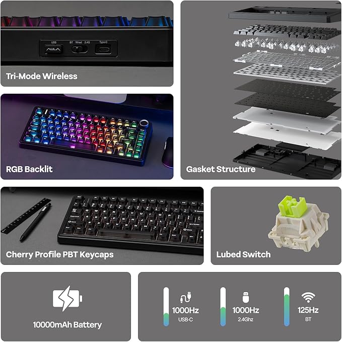 EPOMAKER x Aula F75 Ultra Wireless Gaming Keyboard with Knob, 10000mAh, Hot Swap, RGB, PBT Keycap, Creamy Sound, VIA, 75% Mechanical Keyboard for Win/Mac (Black, Reaper)