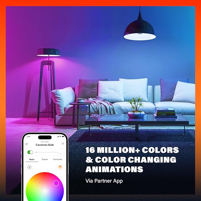 Caveman Matter & WiFi A19 Smart LED Light Bulb, RGBW Color Changing, Tunable Warm & Cool White 800LM (60W Equivalent) – Alexa, Google Home, Apple Home Bulb (2pk)