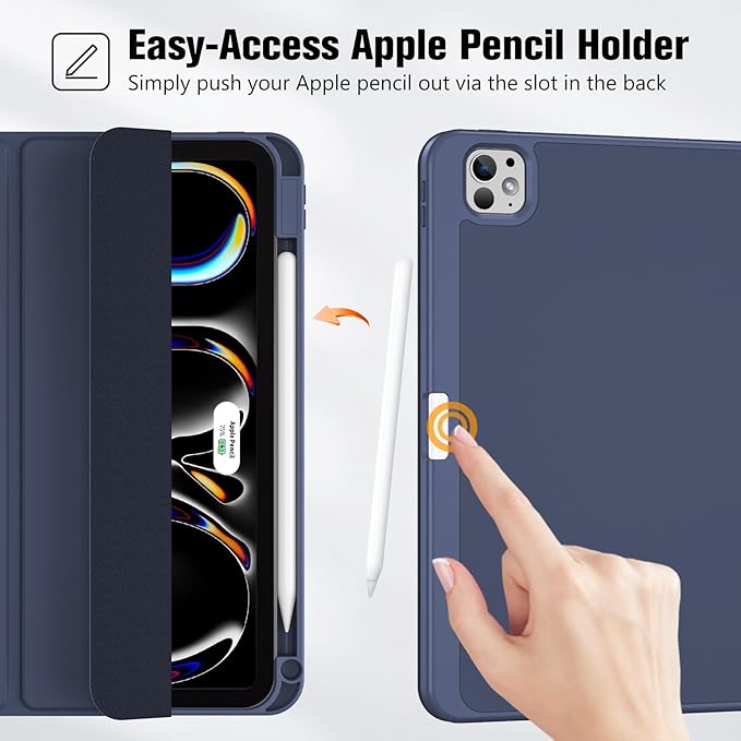 ProCase for iPad Pro 11 Inch Case M5 2025/M4 2024 5th Gen with Pencil Holder, iPad Pro 11"(Model: A3357/A3358/A3359/A2836/A2837/A3006) Trifold Stand Smart Folio with Soft TPU Back Cover -Navy