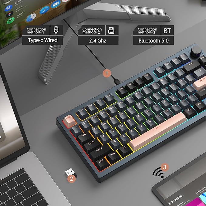 MageGee LIGHT75 Wireless Creamy Keyboard, Tri-Mode Bluetooth/2.4GHz/USB-C RGB Backlit, Gasket Hot Swappable Custom Gaming Keyboard for Win/Mac/PC, with Knob, 4000mAh Battery, Grey