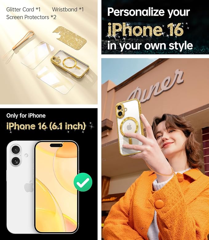 Meifigno Case Designed for iPhone 16 6.1 inch, [Compatible with MagSafe] [2X Screen Protectors] [Glitter Card & Wrist Strap] Surround Lens Protection Designed for iPhone 16 Case Girls, Gold
