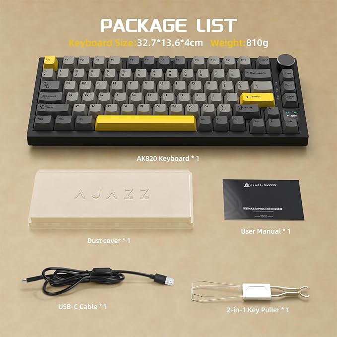 Attack Shark ajazz AK820 Pro Wireless Mechanical Gaming Keyboard Hot Swappable TFT Display & Knob RGB Backlit BT 5.1/2.4Ghz /Type-C Wired Gasket-Mounted Custom Keyboard for PC/Win(Black/Fish Switch)