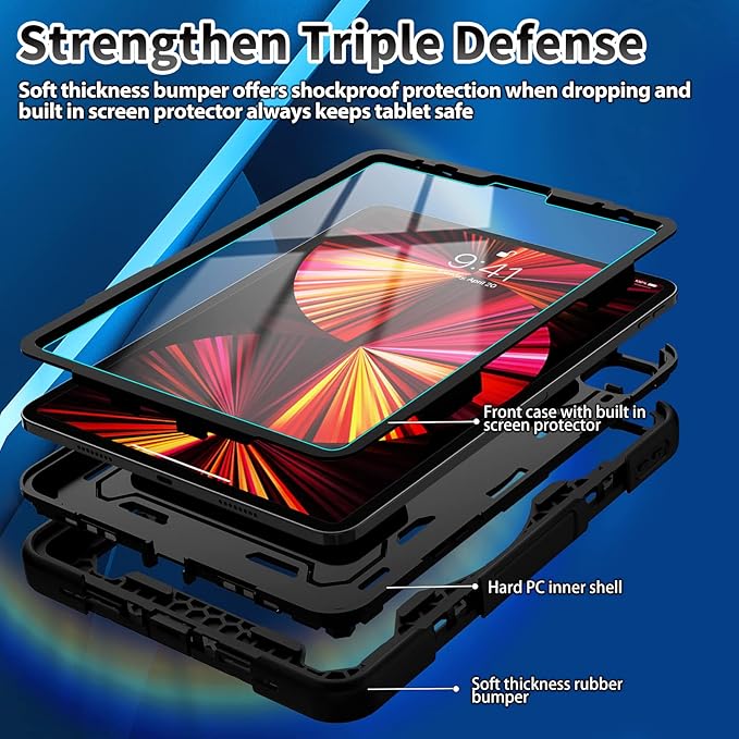 For iPad Air 5th 4th Generation 10.9 inch Case with Screen Protector [15ft Drop Protection] iPad Pro 11 Case 4th 3rd 2nd 1st Gen (2022 2021 2020 2018) for Kids W/ 360 Stand Hand/Shoulder Strap