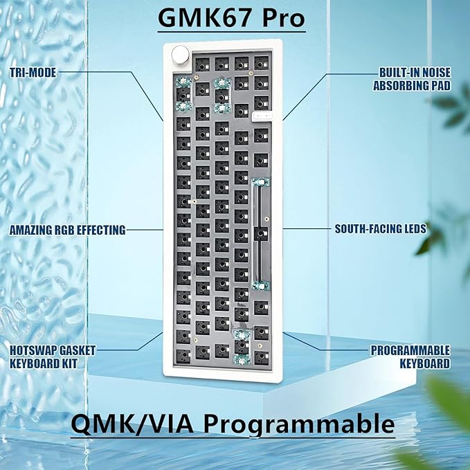 BOYI GMK67Pro Keyboard Barebones Kit,QMK/VIA Programmable BT5.0/2.4G/Type-C Tri-Mode Wireless RGB Gasket Mounted 65% Compact Custom RGB 4000mAh Mechanical Keyboard with Knob DIY Kit(White)