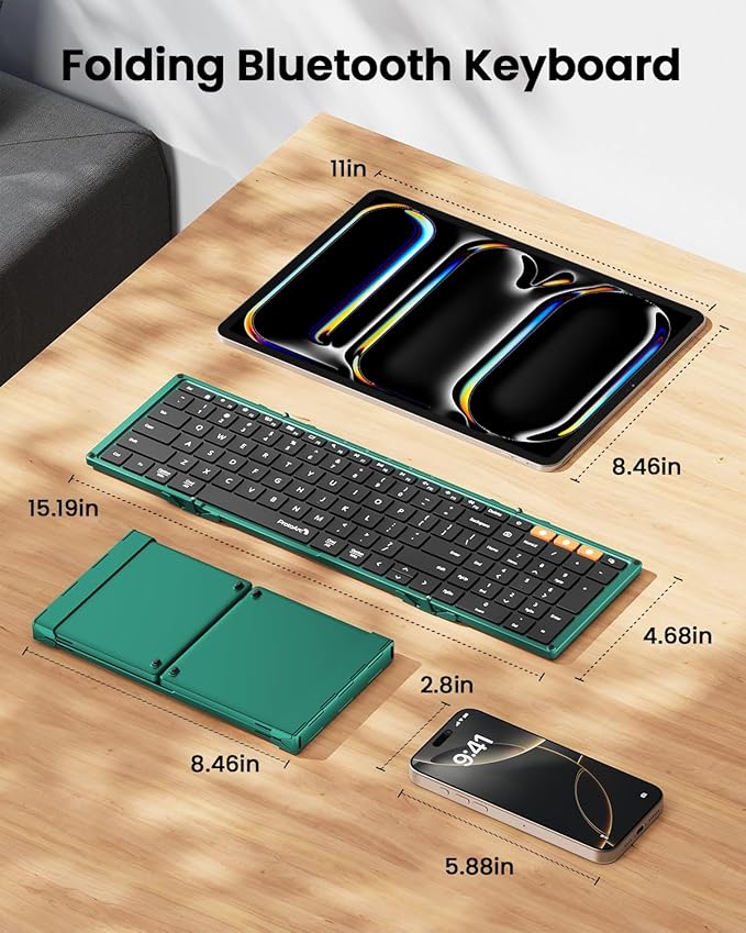 ProtoArc Foldable Bluetooth Keyboard, XK01 Full-Size Portable Wireless Keyboard for Travel, 105 Keys, 0.65" Keycaps, Multi-Device Sync for iPad Tablet Smartphone Laptop PC Windows iOS Android, Green
