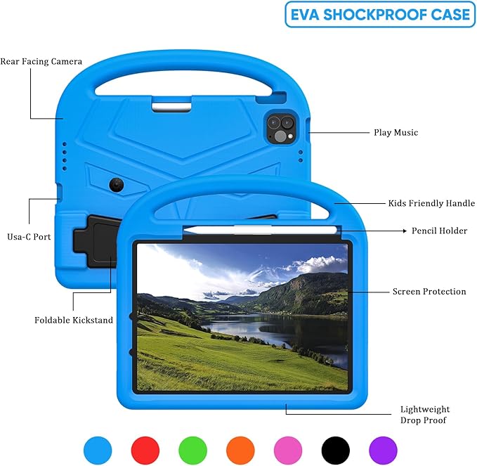 Kids Case for Apple iPad Air 11 inch M3/M2 & iPad Pro 11 inch M5/M4 (2025/2024) with Pencil Holder/Handle/Kickstand Lightweight Soft EVA Foam Shockproof Stand Girls Boys Cover, Blue Bird
