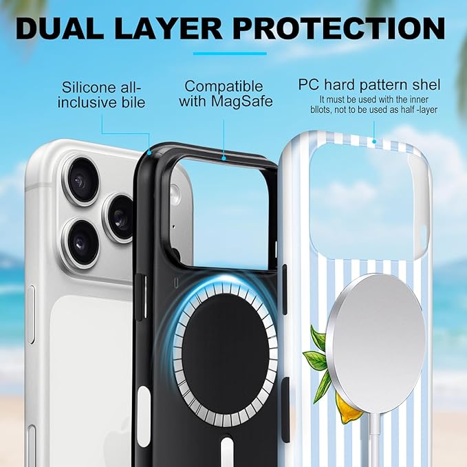 Magnetic for iPhone 17 Pro Max Case Cute Lemon Stripes Phone Case, Shockproof Slim TPU and Hard PC Protective Phone Cover Compatible with MagSafe Designed for Women Girls, Blue