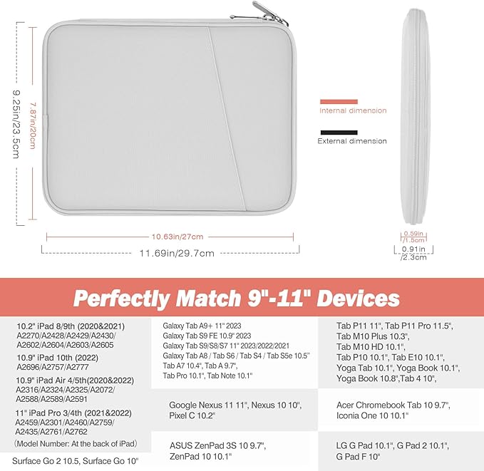 MoKo 9-11 Inch Tablet Sleeve Case, Fits New 11inch iPad Air M4/Pro M5, iPad A16 11", i-Pad 10/9/8/7th/Air 5/4th 10.9"/10.2", Tab S9/S8 11", Protective Bag Carrying Case with Pocket,Gray + White