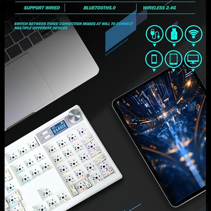 GMK104 Mechanical Keyboard Kit with Screen&Knob,VIA Programmable Hot Swap Gasket Mounted PCB Custom RGB Barebones Keyboard Wireless BT5.0/2.4GHz/USB-C Wired Full Size Gaming DIY Kit (White)