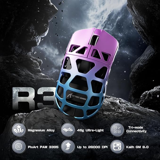 FELICON x Attack Shark R3 Magnesium Alloy Wireless Gaming Mouse, 46g Ultra-Lightweight Skeletal Shell, PAW3395 26K DPI, 8K Polling, Tri-Mode 2.4G/BT/Wired, for PC Mac Laptop - Purple