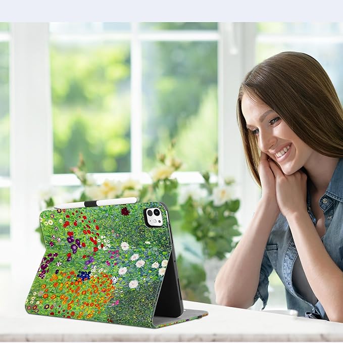 Vimorco for iPad Pro 11-inch Case M5/M4 2025/2024 Flower, for iPad Pro Case 11 Inch M5/M4 Pencil Holder/Hand Strap/Pocket/Screen Protection Band,Adjustable Angle,Auto Sleep/Wake, Floral Flowers Garden