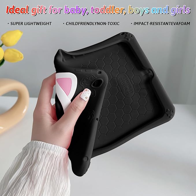 Dteck for iPad 10.9" 10th Generation Case Kids,Cute Cartoon 3D Unique Design Light Rotating Handle Stand Shoulder Strap Soft Silicone Funda Drop Rugged Shockproof Protective Kid-Proof Case,Black Cat
