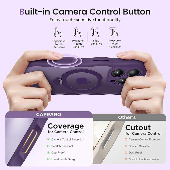 CAPRARO for iPhone 16 Pro Case with 360° Spin Magnetic Stand for Women, [Compatible with MagSafe] [Full Camera Protection] Cute Wave Translucent Matte Case for iPhone 16 Pro, Deep Purple