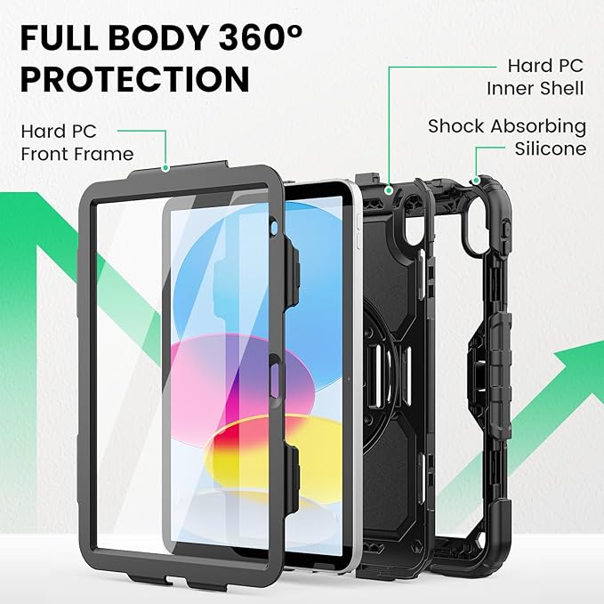 SEYMAC Case for iPad (A16) 11th/10th Generation 2025/2022 (11″/10.9″), Sturdy Heavy Duty Full-Body Shockproof Protective Case with Screen Protector, Rotating Stand, Hand/Shoulder Strap, Black