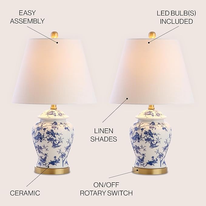 JONATHAN Y 22" Blue/White Ceramic Table Lamp, French Country Chinoiserie Ginger Jar LED Bedside Lamp for Living Room Bedroom, White Linen Shade (JYL3005A-SET2)