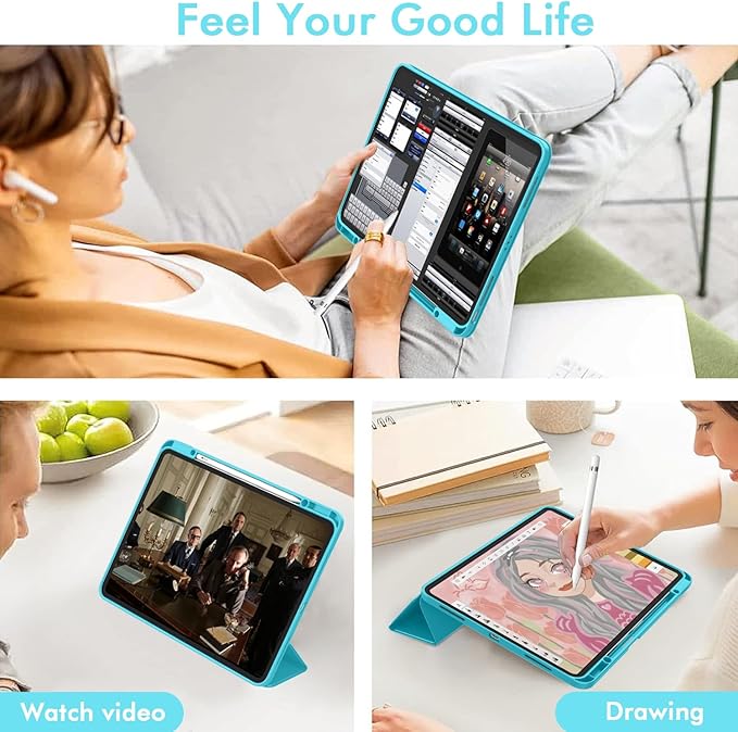 ZryXal New iPad Air 13 Inch Case M3 2025/M2 2024 with Pencil Holder, Trifold Stand Smart Case with Soft TPU Back,Auto Wake/Sleep(Cyan)
