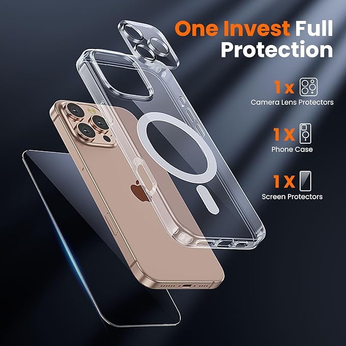 toushion 3 in 1 for iPhone 16 Pro Case Clear with MagSafe, Not Yellowing, Screen Protector*1 Camera Lens Protector*1, Military-Grade Protection for iPhone 16 Pro Phone Case 6.3 inch Clear
