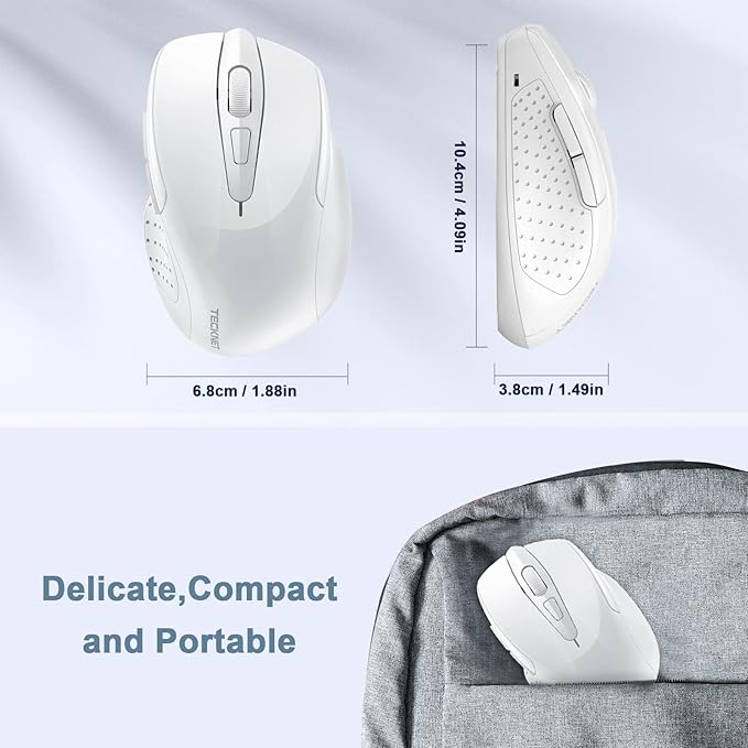 TECKNET Wireless Mouse, 2.4G Ergonomic Optical Mouse, Computer Mouse for Laptop, PC, Computer, Chromebook, Notebook, 6 Buttons, 24 Months Battery Life, 2600 DPI, 5 Adjustment Levels - White