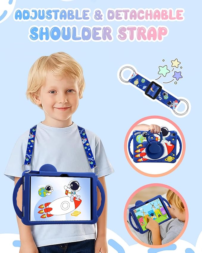 Boaretiu for iPad A16 Case/10th Generation Case - Cool Cute Cartoon Astronaut Spaceship with Strap & Rotating Stand & Handle for Boys Girls Teens 3D Silicone for iPad A16 11th Generation 11 Inch 2025