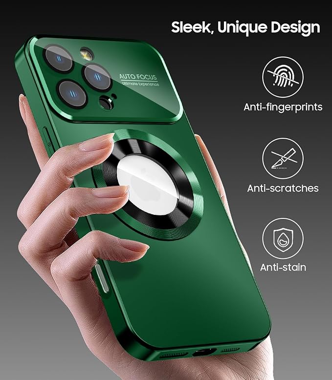 MAKAVO Magnetic for iPhone 16 Pro Max Case, Compatible with MagSafe, Built-in Camera Lens Protector, Logo View, Military Grade Drop Protection Phone Cover, Green