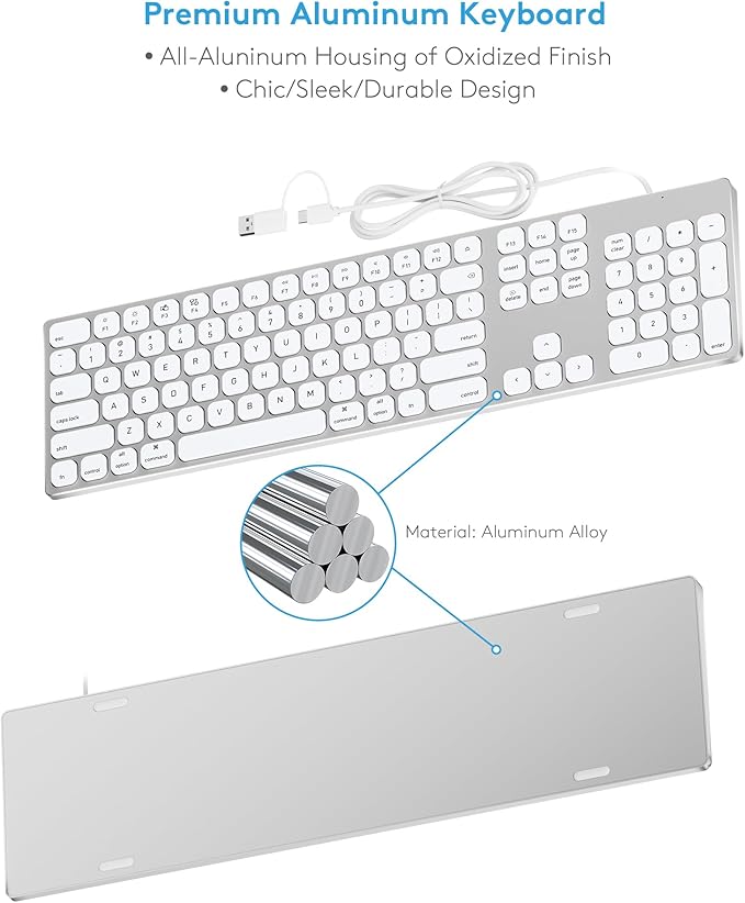 9H Aluminum USB Wired Keyboard with Numeric Keypad for Mac Pro, Mini Mac, iMac, iMac Pro, MacBook Pro/Air, Laptop and PC Computer