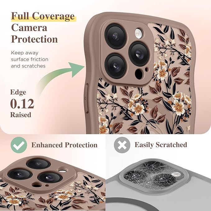 GVIEWIN for iPhone 14 Pro Max Case Compatible with MagSafe [Curly Wave Edge][Full Camera Protection] Floral Translucent Shockproof Magnetic Women Phone Case for 14 Pro Max, Bunchflower/Brown