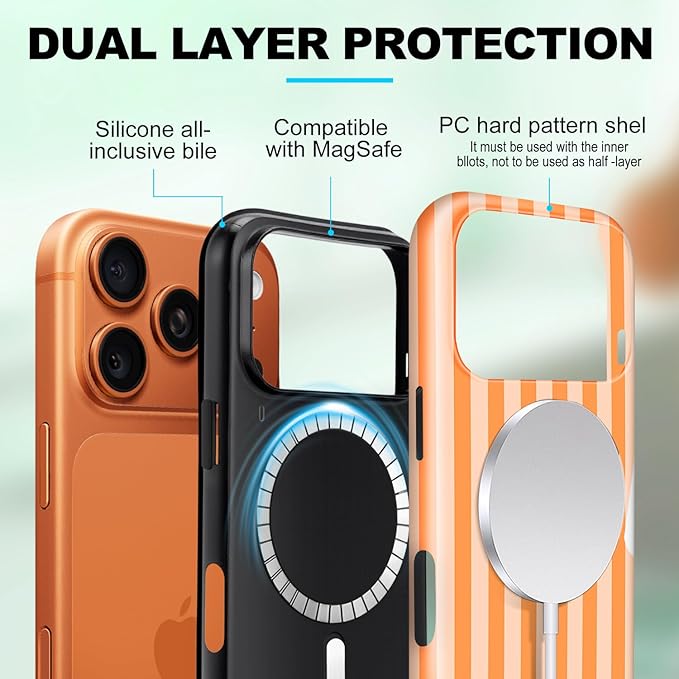 Magnetic for iPhone 17 Pro Case Cute Stripes Phone Case, Shockproof Slim TPU and Hard PC Protective Phone Cover Compatible with MagSafe Designed for Women Girls, Orange