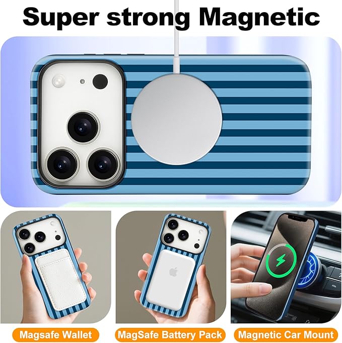 Magnetic for iPhone 17 Pro Max Case Cute Stripes Phone Case, Shockproof Slim TPU and Hard PC Protective Phone Cover Compatible with MagSafe Designed for Women Girls, Lake Blue