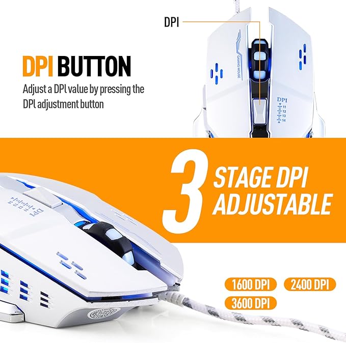 Guiheng Wired Gaming Mouse, Optical USB Mice for Laptop/Desktop, 1200 to 3600 and RGB Light, Ergonomic with 6 Programmable Buttons for Computer Windows 7/8/10/XP Vista Linux Chromebook PC (White)