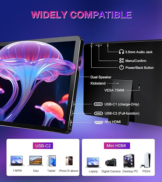 11 inch 2.5K 2560x1600 Portable Touchscreen Monitor 400nits 100% NTSC for PC, Screen Extender IPS Small HDR Touch Screen USB-C HDMI Monitor, Mini Computer Display for Laptop Mac PS4 Xbox