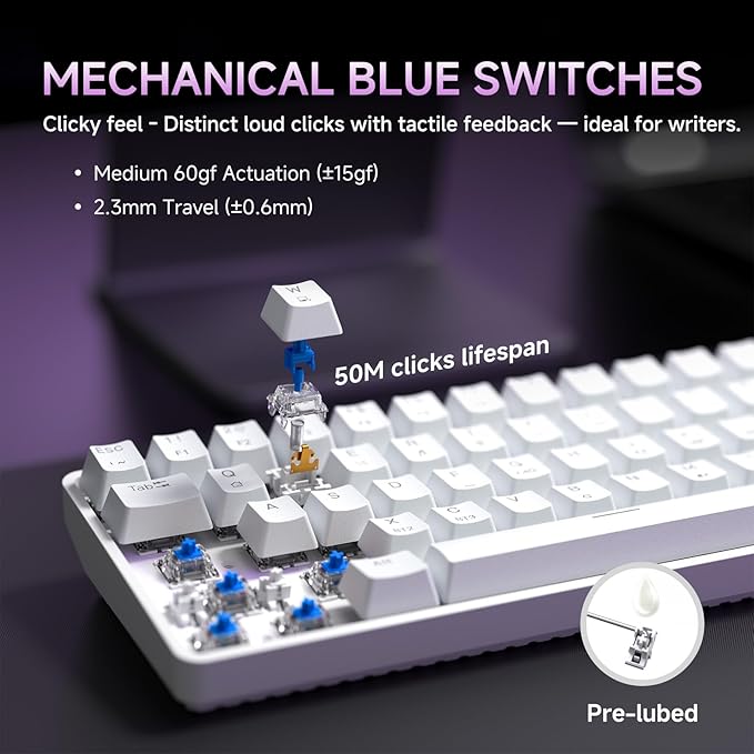 DIERYA DK68 Wireless Mechanical Keyboard, 60% Gaming Keyboard with Blue Switch, Triple Mode 2.4GHz/USB-C/BT5.0, RGB Backlit, Anti-Ghosting Keys, 68 Keys Portable Mini Wired Office Keyboard-White