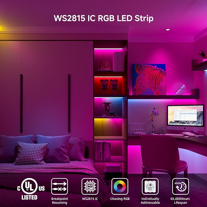 BTF-LIGHTING WS2815 (Upgraded WS2812B) LED Strip Light,UL Listed,16.4FT 150 LED/Pixels,Flexible Chasing RGB,Dual Signal Individually Addressable,5050SMD,3M Tape,DC12V IP65(No Adapter or Controller)