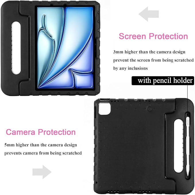 Kids Case for iPad Pro 11 inch M5/M4 (2025/2024) with Pencil Holder/Convertible Handle Stand Shockproof Slim Lightweight Cute Soft EVA Heavy Duty Rugged Kickstand Cover for Children, Black