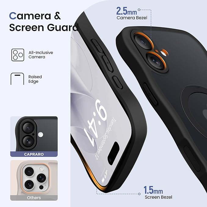 CAPRARO for iPhone 16 Case with 360° Spin Magnetic Stand for Women, [Compatible with MagSafe] [Full Camera Protection] Cute Wave Translucent Matte Case for iPhone 16, Black