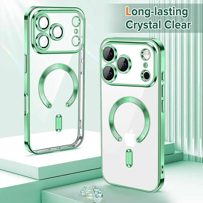 Hython Magnetic Clear for iPhone 17 Pro Max Case with Camera Lens Protector [Compatible with MagSafe] Plating Edge Slim Soft TPU Cover Protective Phone Case for iPhone 17 Pro Max 6.9", Light Green