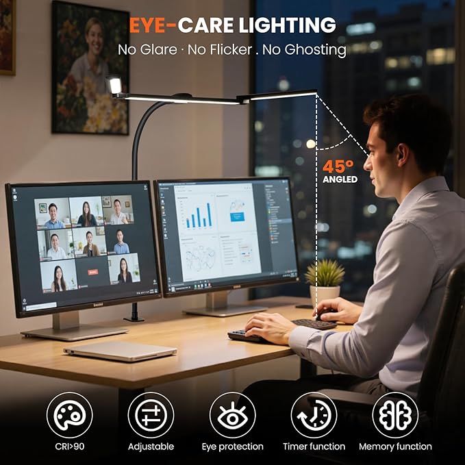 LED Desk Lamp for Office Home, 3 Light Bar Adjustable Desk Light with Clamp, Architect Table Lamp Computer Monitor Lighting, Stepless Dimming Eye-Caring Clip on Light for Workbench Reading Study Black
