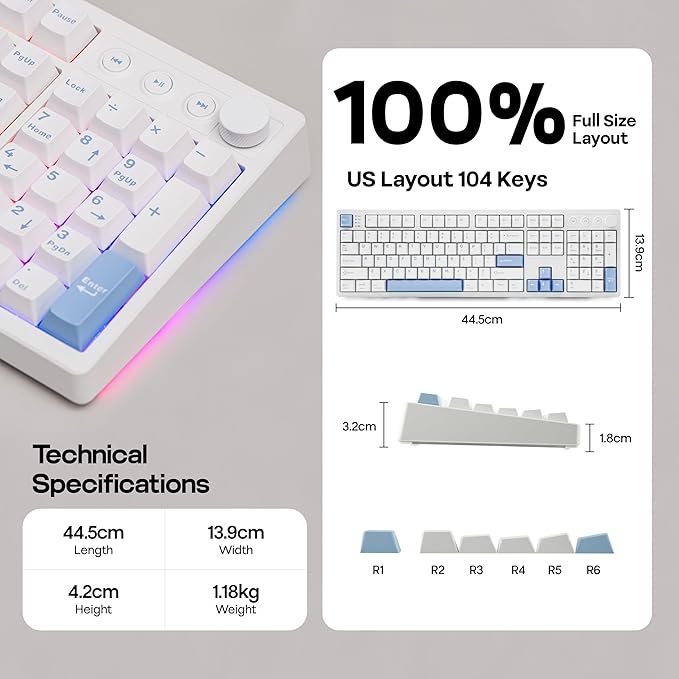 MechLands Vibe108 Full Size Mechanical Keyboard with Knob & Multimedia Buttons, Wireless Gaming Keyboard with 10000mAh Battery, RGB Backlits, 104 Keys Hot Swappable, Custom Driver (Vela Silent Switch)