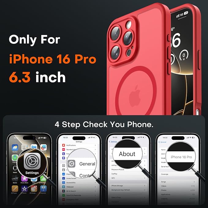 TOCOL for Phone 16 Pro Case, Compatible with Magsafe Charger, Full Camera Protection, Drop Protection, Translucent Matte Phone Case for iPhone 16 Pro 6.3 inch (Red)