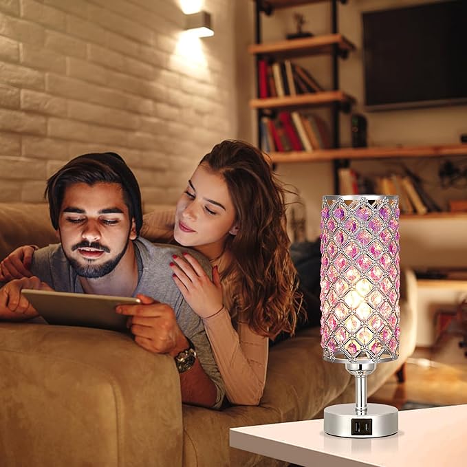 Hong-in Purple Lamp for Girls Room-Crystal Touch Lamp with USB-C+A Ports,3 Way Dimmable Bedside Light with Crystal Shade for Bedroom Home Office